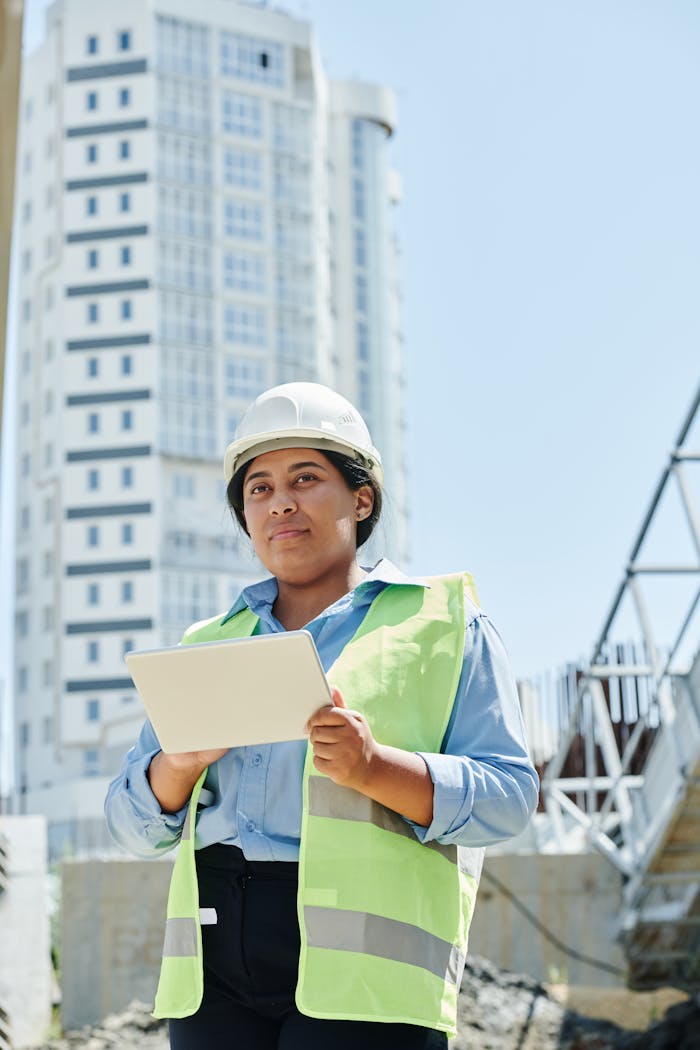 Inicio Woman in protective gear managing construction site with tablet in city.